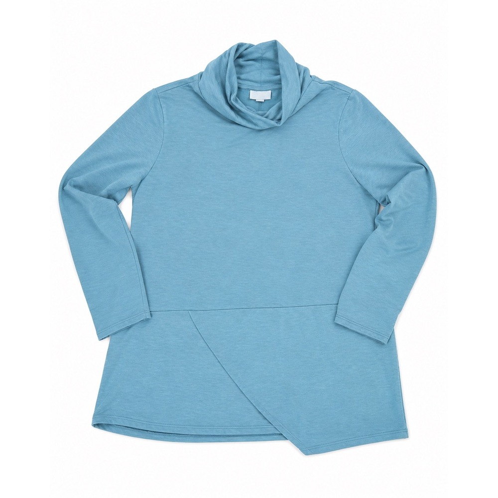 Pure Jill Luxe Tencel Cowl Neck Tunic Top Teal Blue Asymmetrical Hem Large